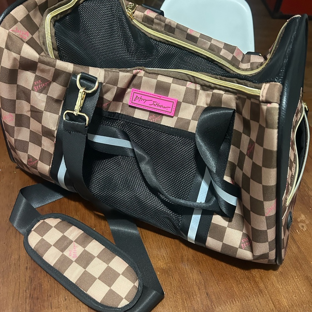 Betsey Johnson Brown Checkered Tote with Neon Pink Detail